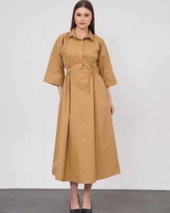 Rochie lunga tip camasa din poplin satinat de bumbac, camel