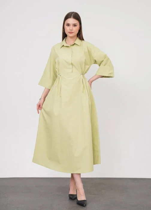 Rochie lunga tip camasa din poplin satinat de bumbac, verde menta