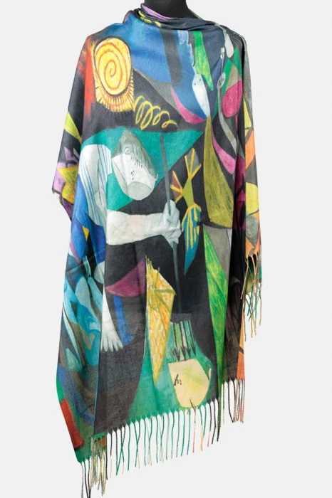 Esarfa cashmere cu fir de lurex, doua fete imprimata cu reproduceri supraealiste dupa Picasso