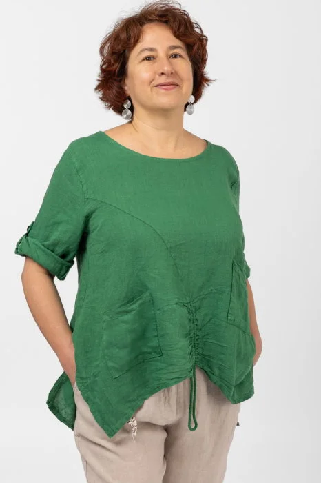 Bluza din in verde, asimetrica, cu siret pe fata