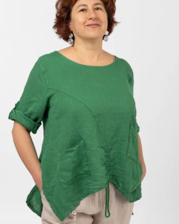 Bluza din in verde, asimetrica, cu siret pe fata