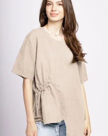 Bluza bej din in, asimetrica, cu siret lateral