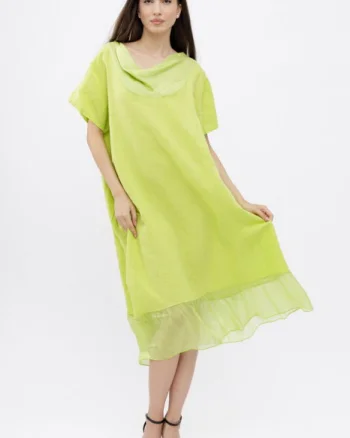 Rochie verde praz usor asimetrica A-line, din in cu guler si volan din matase, oversize