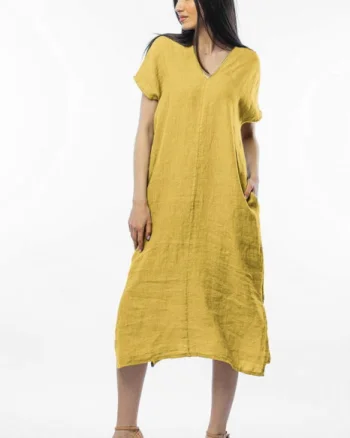 Rochie lunga din in cu funda pe spate, galbena