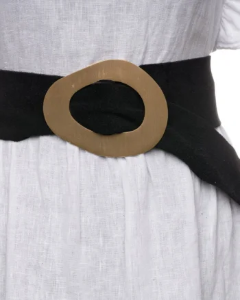 Curea neagra din piele intoarsa naturala cu latime de 8 cm, catarama aurie neregulata