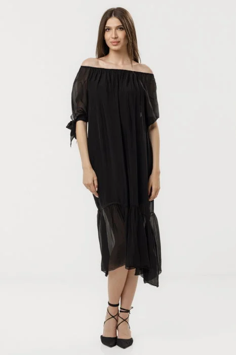 Rochie din matase si vascoza cu detalii feminine si croiala lejera, neagra