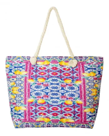 Geanta de plaja din material textil, cu model mediteranean cu lamai pe alb si fucsia