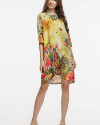 Rochie midi, dreapta, din vascoza fina, cu imprimeu pictural predominant galben