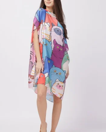 Rochie de plaja tip poncho din matase cu imprimeu pisici multicolore