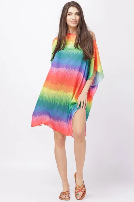 Rochie de plaja tip poncho din matase cu imprimeu curcubeu