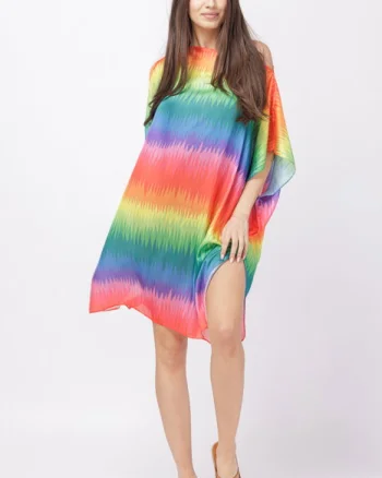Rochie de plaja tip poncho din matase cu imprimeu curcubeu