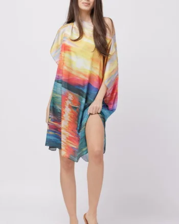 Rochie de plaja tip poncho din matase cu imprimeu apus de soare pe apa