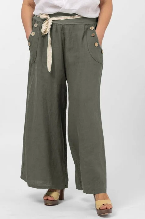 Pantaloni largi de vara, din in, cu nasturi din lemn la buzunare, kaki