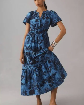 Rochie din poplin de bumbac, cu elastic in talie si volane, albastru cu bleumarin