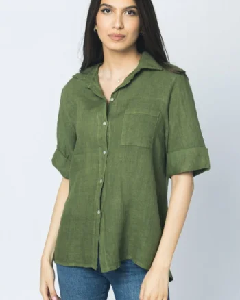 Camasa clasica din in cu buzunar pe piept si maneca 3 4, kaki