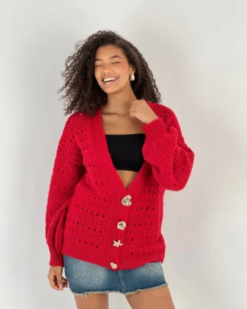Cardigan cu decolteu in V, din tricotaj rosu cu nasturi decorativi aurii