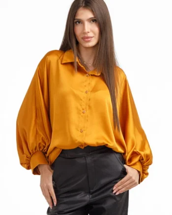 Camasa eleganta din satin, cu maneci bufante, galben mustar