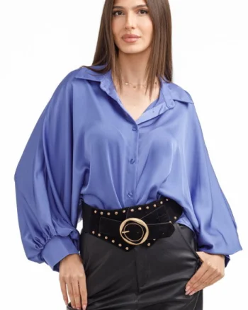 Camasa eleganta din satin, cu maneci bufante, albastra