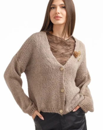 Cardigan dama cu lana si mohair, cu brose decorative ,   pulover casual chic bej inchis