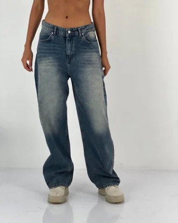 Pantaloni jeans denim croiala larga, albastru prespalat
