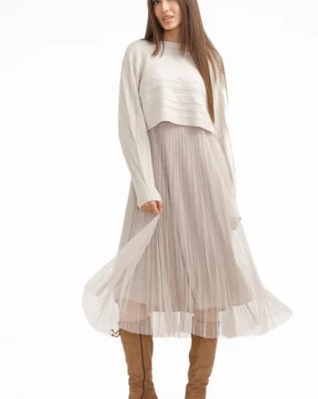 Rochie suprapusa din tulle cu bulinute cu puloveras cu model, bej deschis