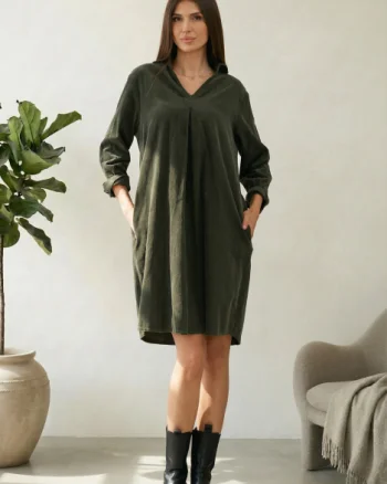 Rochie scurta tip camasa din catifea reiata verde, kaki
