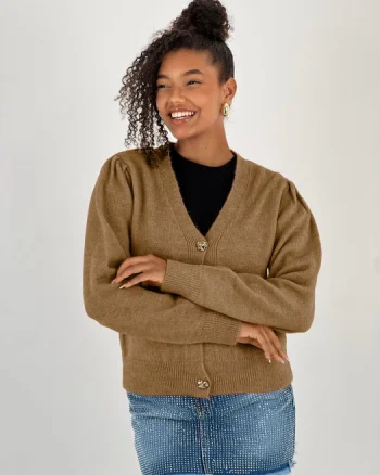 Cardigan cu decolteu in V, din tricotaj camel cu nasturi decorativi aurii