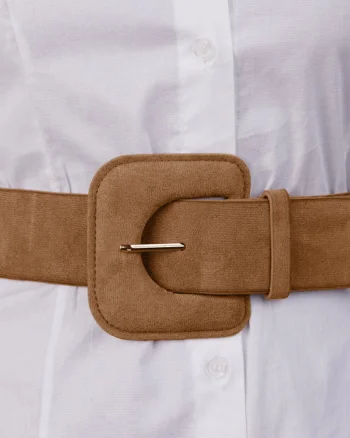 Curea elastica cu piele intoarsa ecologica camel si catarama dreptunghiulara cu colturi rotunjite