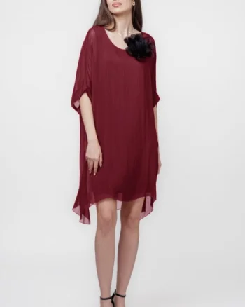 Rochie midi, dreapta, din matase si vascoza, cu funda pe spate, bordo