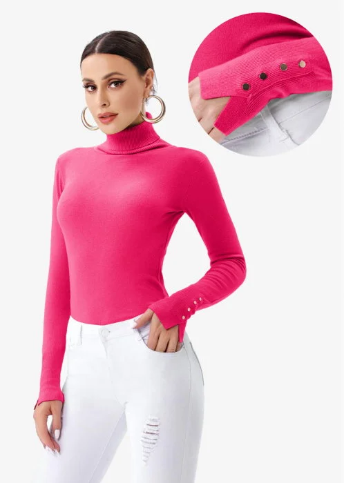 Helanca pulover cu guler inalt si nasturei pe maneca, fucsia