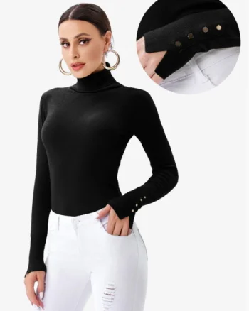 Helanca pulover cu guler inalt si nasturei pe maneca, neagra