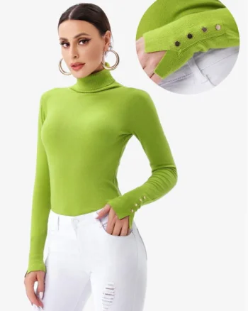 Helanca pulover cu guler inalt si nasturei pe maneca, verde oliv