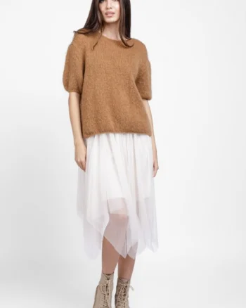 Pulover pufos cu maneca scurta, cu mohair si lana, camel