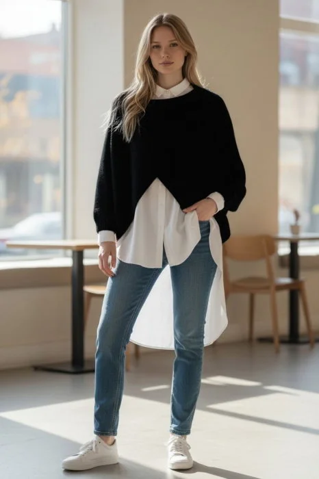 Pulover tip poncho petrecut asimetric, cu lana, negru