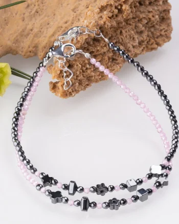 Bratari argint 2 in set din hematit si cubic zirconia roz deschis 1.5 mm