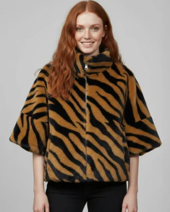 Jacheta din blana scurta animal print tigru maro negru, cu maneca 3 4, captuseala si fermoar
