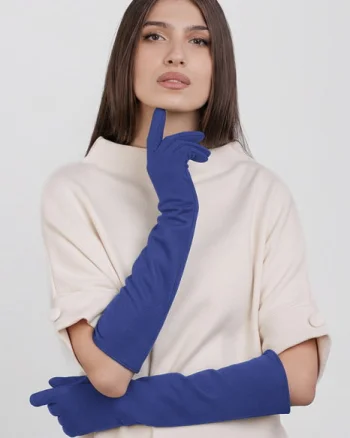 Manusi dama foarte lungi si simple din material textil catifelat albastru