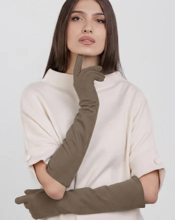 Manusi dama foarte lungi si simple din material textil catifelat bej fango