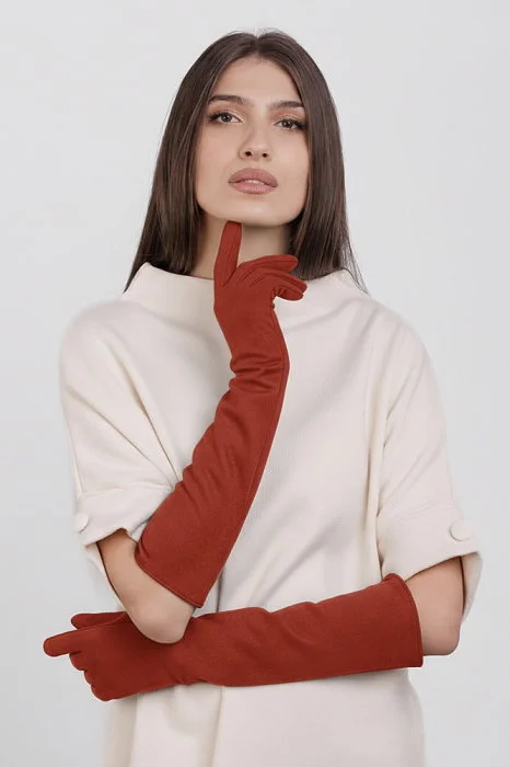 Manusi dama foarte lungi si simple din material textil catifelat caramiziu