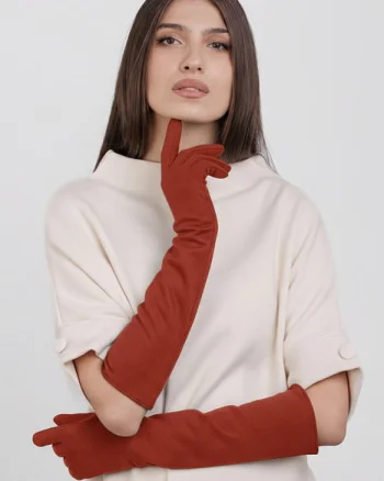 Manusi dama foarte lungi si simple din material textil catifelat caramiziu