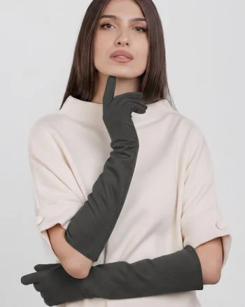 Manusi dama foarte lungi si simple din material textil catifelat gri inchis