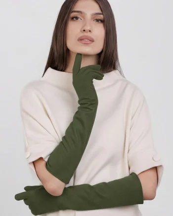 Manusi dama foarte lungi si simple din material textil catifelat kaki