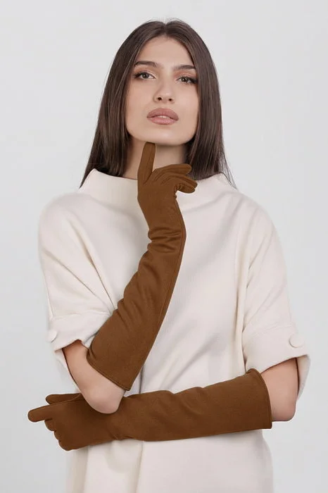 Manusi dama foarte lungi si simple din material textil catifelat maro ciocolatiu
