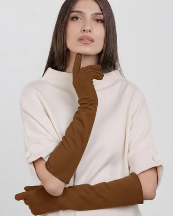 Manusi dama foarte lungi si simple din material textil catifelat maro ciocolatiu