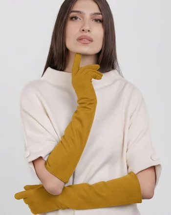 Manusi dama foarte lungi si simple din material textil catifelat galben mustar