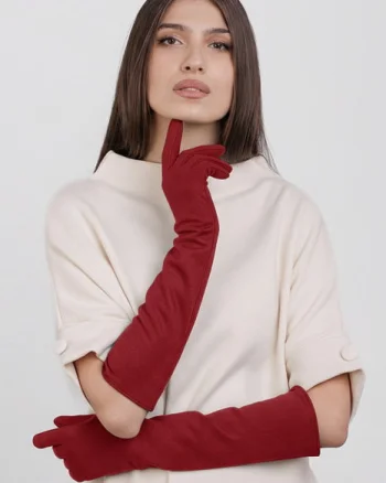 Manusi dama foarte lungi si simple din material textil catifelat rosu inchis