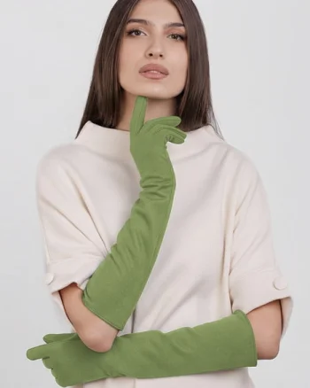 Manusi dama foarte lungi si simple din material textil catifelat verde deschis