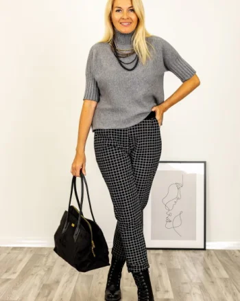 Pulover versatil cu maneci scurte ribbed si guler inalt, din vascoza, gri