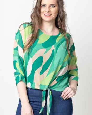 Bluza lejera cu imprimeu abstract verde si nod frontal