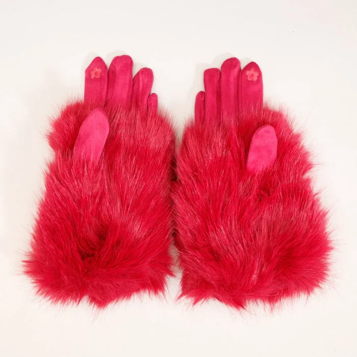 Manusi dama din material textil catifelat si suprapunere de blanita, fucsia